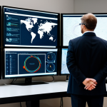 A professional fire safety engineer, appearing focused and engaged, stands in a high-tech command center. Multiple large monitors display complex data visualizations, real-time building schematics, and drone surveillance footage, indicating advanced technology, artificial intelligence (AI) integration, and the Internet of Things (IoT) for predictive risk analysis and comprehensive monitoring. A modern, sleek drone is visible in the background, perhaps on a charging station. The engineer, an adult, is dressed in a dark, modest business suit, fully clothed, with appropriate professional dress. The scene is well-lit, reflecting a clean, organized environment. Perfect anatomy, correct proportions, natural pose, well-formed hands, proper finger count, natural body proportions. Safe for work, appropriate content, fully clothed, professional, modest, family-friendly, high-quality, professional photography.