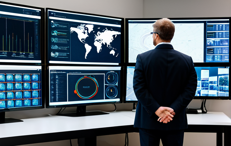 A professional fire safety engineer, appearing focused and engaged, stands in a high-tech command center. Multiple large monitors display complex data visualizations, real-time building schematics, and drone surveillance footage, indicating advanced technology, artificial intelligence (AI) integration, and the Internet of Things (IoT) for predictive risk analysis and comprehensive monitoring. A modern, sleek drone is visible in the background, perhaps on a charging station. The engineer, an adult, is dressed in a dark, modest business suit, fully clothed, with appropriate professional dress. The scene is well-lit, reflecting a clean, organized environment. Perfect anatomy, correct proportions, natural pose, well-formed hands, proper finger count, natural body proportions. Safe for work, appropriate content, fully clothed, professional, modest, family-friendly, high-quality, professional photography.