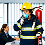 **

A professional female firefighter in full protective gear, including helmet and oxygen mask, demonstrating the correct use of a fire extinguisher to a group of diverse office workers in a modern office setting, fully clothed, appropriate attire, safe for work, perfect anatomy, natural proportions, educational illustration, bright lighting, clear focus, family-friendly, professional.

**