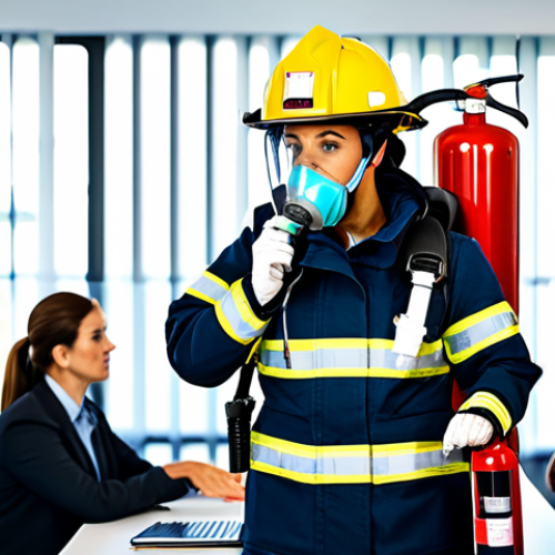 Home 20 **
A professional female firefighter in full protective gear, including helmet and oxygen mask, demonstrating the correct use of a fire extinguisher to a group of diverse office workers in a modern office setting, fully clothed, appropriate attire, safe for work, perfect anatomy, natural proportions, educational illustration, bright lighting, clear focus, family-friendly, professional.
**