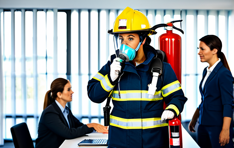 **

A professional female firefighter in full protective gear, including helmet and oxygen mask, demonstrating the correct use of a fire extinguisher to a group of diverse office workers in a modern office setting, fully clothed, appropriate attire, safe for work, perfect anatomy, natural proportions, educational illustration, bright lighting, clear focus, family-friendly, professional.

**