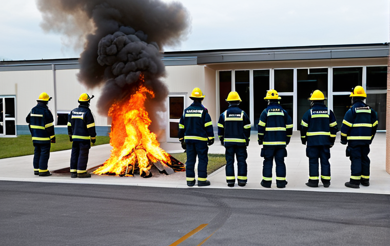 Fire Safety Training Simulation**

"A group of trainees, fully clothed in appropriate fire safety gear, participating in a simulated fire emergency drill in a training facility. The setting includes mock-ups of office spaces and residential areas. Focus on the instructors demonstrating proper evacuation techniques and the use of fire extinguishers.  Safe for work, professional training environment, appropriate content, perfect anatomy, correct proportions, natural pose, demonstrating best practices in fire safety, modest attire. Professional, family-friendly."

**