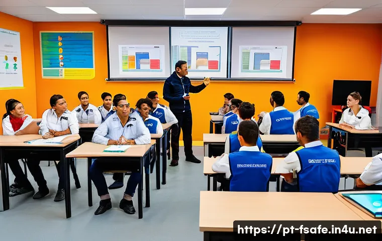 소방안전관리사 자격증 취득 후 스펙 강화법 - A professional fire safety training workshop scene set in a modern Brazilian classroom with diverse ...