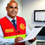 Home 21 소방안전관리사 시험 면제 대상 - A confident professional fire safety manager in a modern Brazilian office environment, wearing a nea...