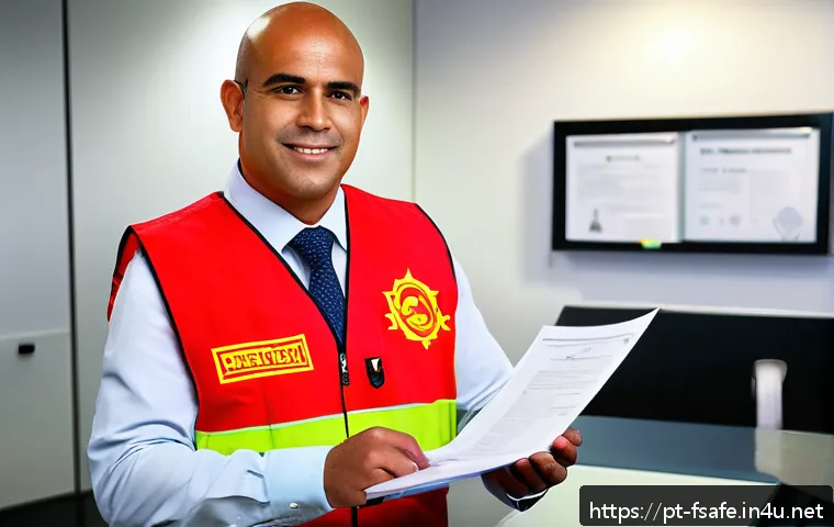 소방안전관리사 시험 면제 대상 - A confident professional fire safety manager in a modern Brazilian office environment, wearing a nea...