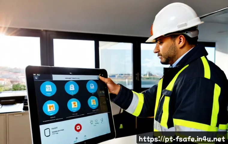 Home 30 소방안전관리사 업무 자동화 트렌드 - Photorealistic fire safety manager in a modern Portuguese commercial office, reviewing a tablet dash...