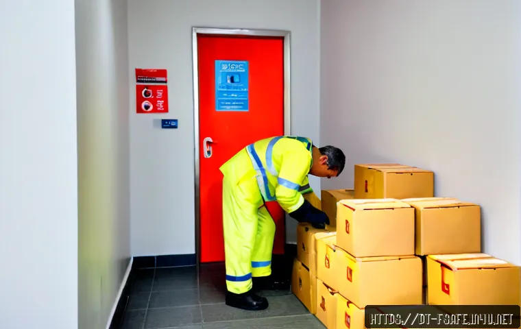 Home 17 소방안전관리사 실무에서 흔히 발생하는 실수 - Photorealistic fire safety inspection in a modern Portuguese office building, a middle-aged facility...