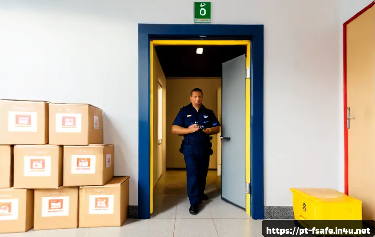 소방안전관리사 업무 실수 사례 - Photorealistic fire safety inspector in a Portuguese office building, realizing an emergency exit is...
